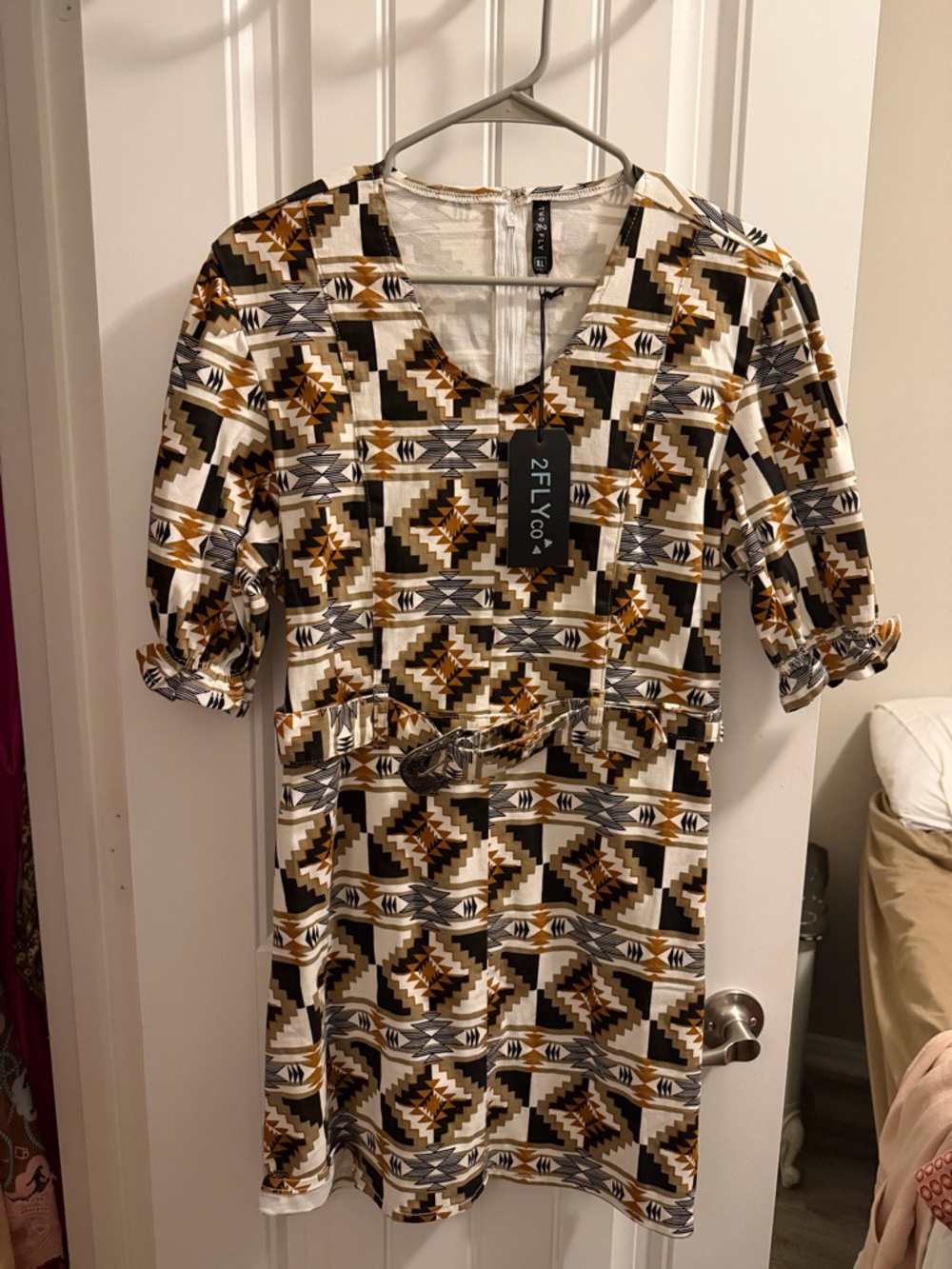 2FLY Geo-Print White and Mustard Midi Dress with Belt